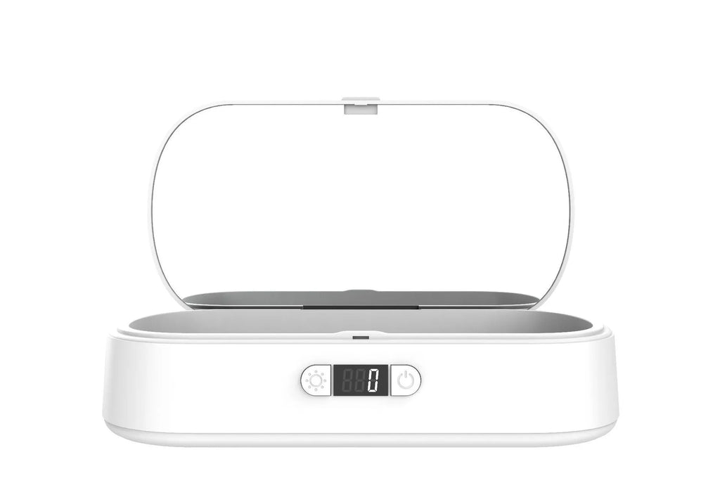 White ABS plastic wireless UV steriliser and charger box for mobile phones and personal items