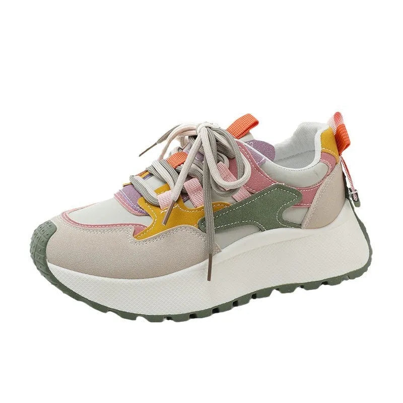 Women's green and red dad shoes with raised rubber sole, synthetic leather upper, round toe and front lace-up