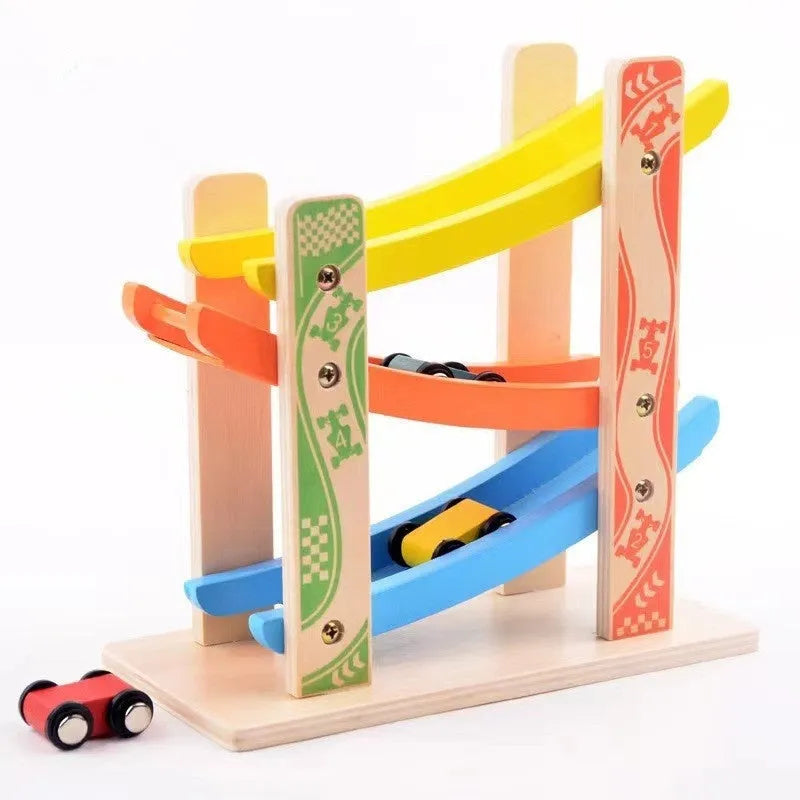 Children's wooden multi-layer gliding car track toy for ages 4-6 with colourful sliding car and track pieces