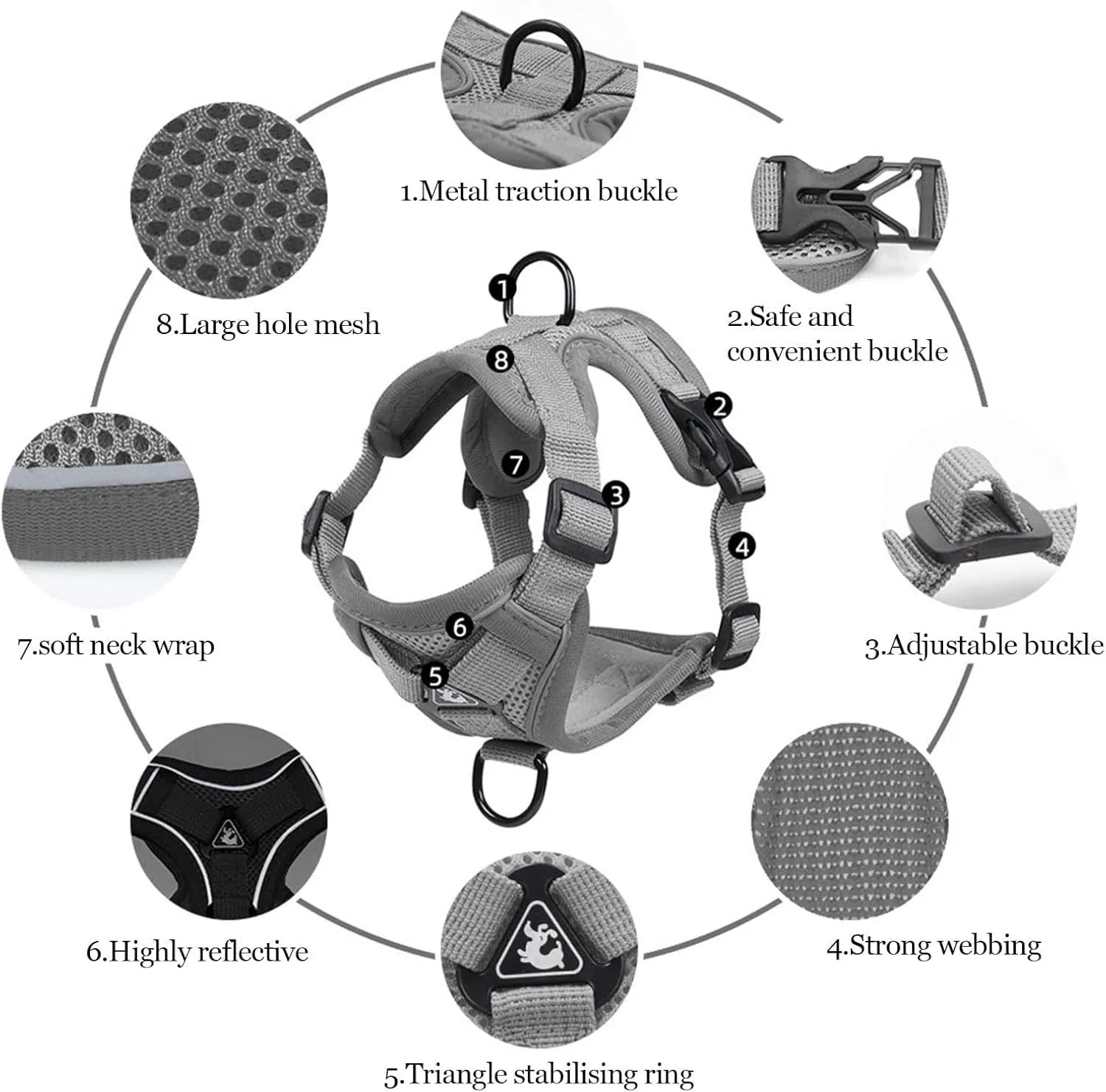 Adjustable mesh cat harness with leash showing reflective strips and secure snap fastenings