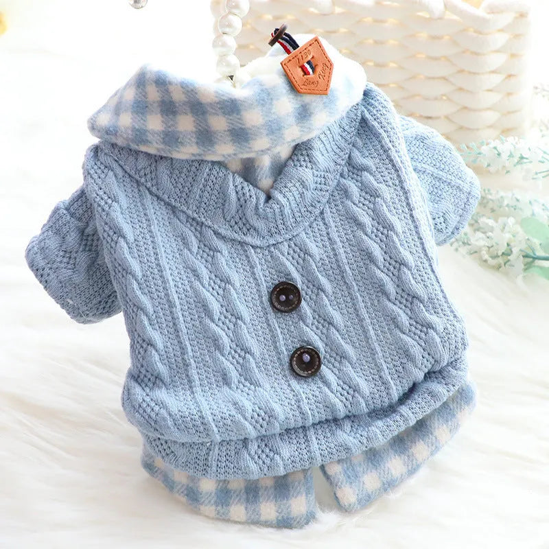 Blue or pink wool plaid pattern dog sweater with fleece lining and fake two-piece design