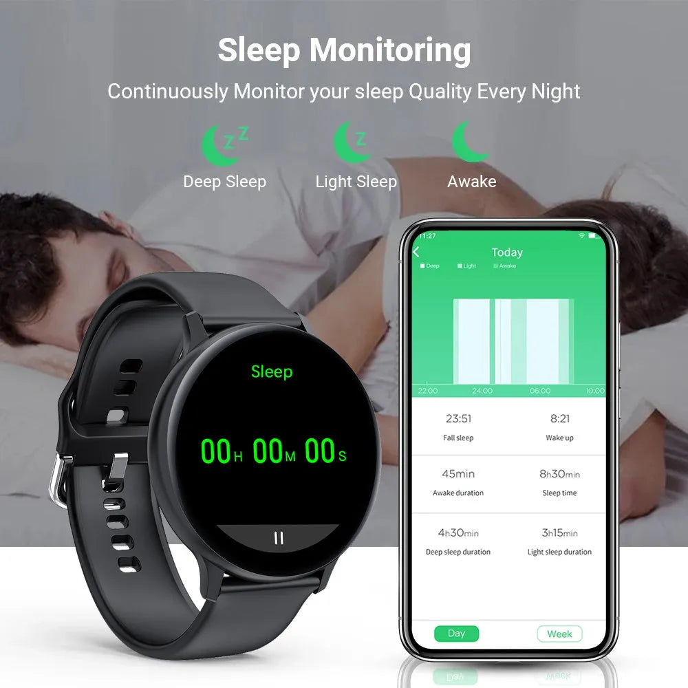 Smart bracelet watch with touch screen displaying heart rate, worn on wrist with black strap.
