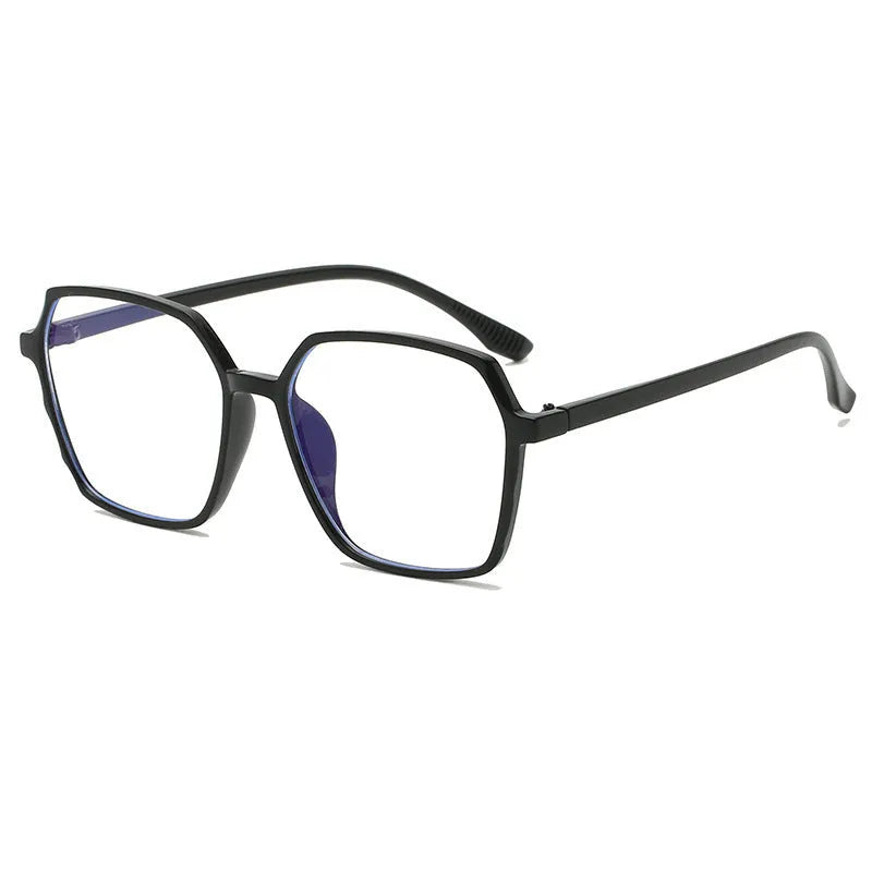 Women's flat glasses with plate frame and AC lenses, shown in black, transparent blue, grey, or tea colour options