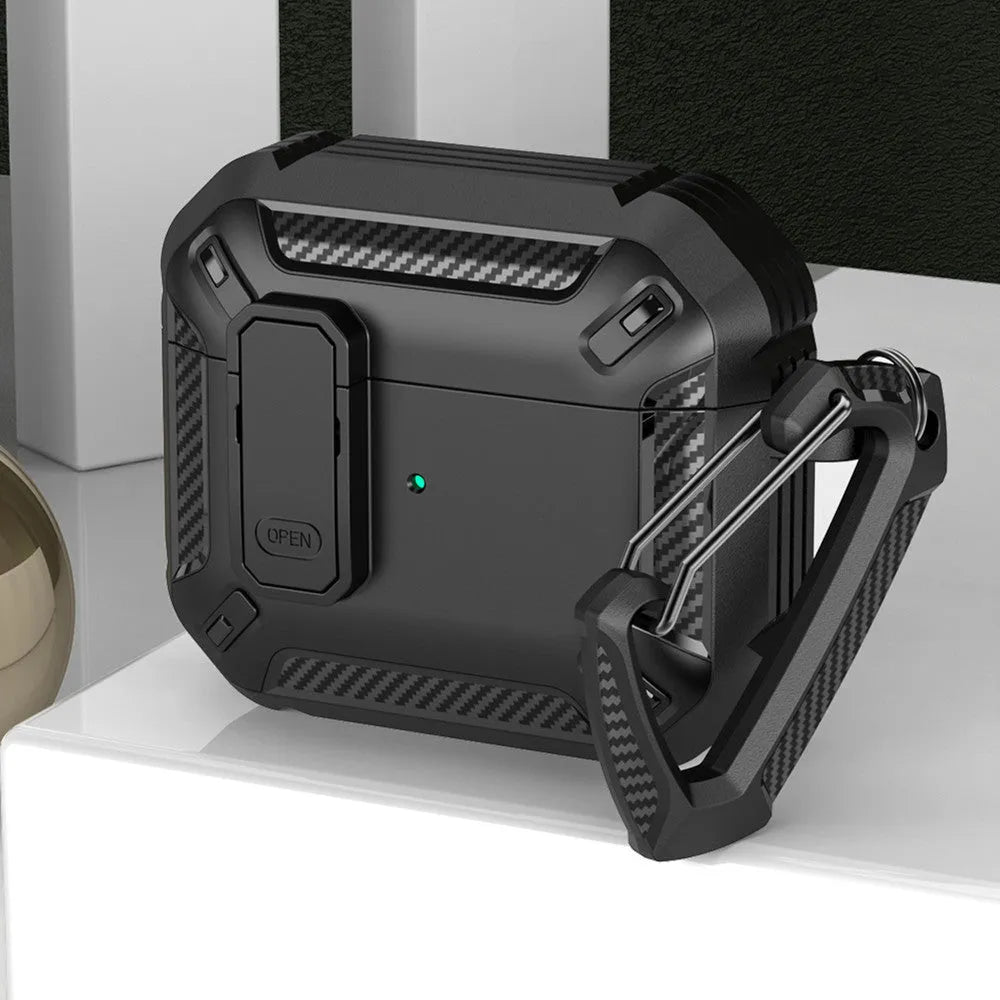 Clamshell-style protective case for AirPods with two-colour design and attached carry hook