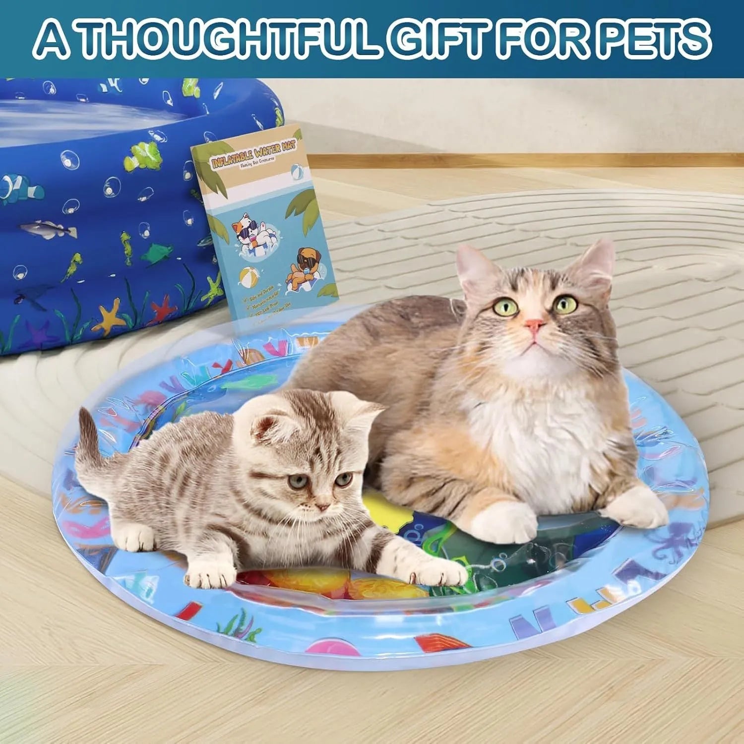 Water sensory playmat for cats and dogs with ocean fish theme, 4 floating toys, thickened PVC material, 8cm depth