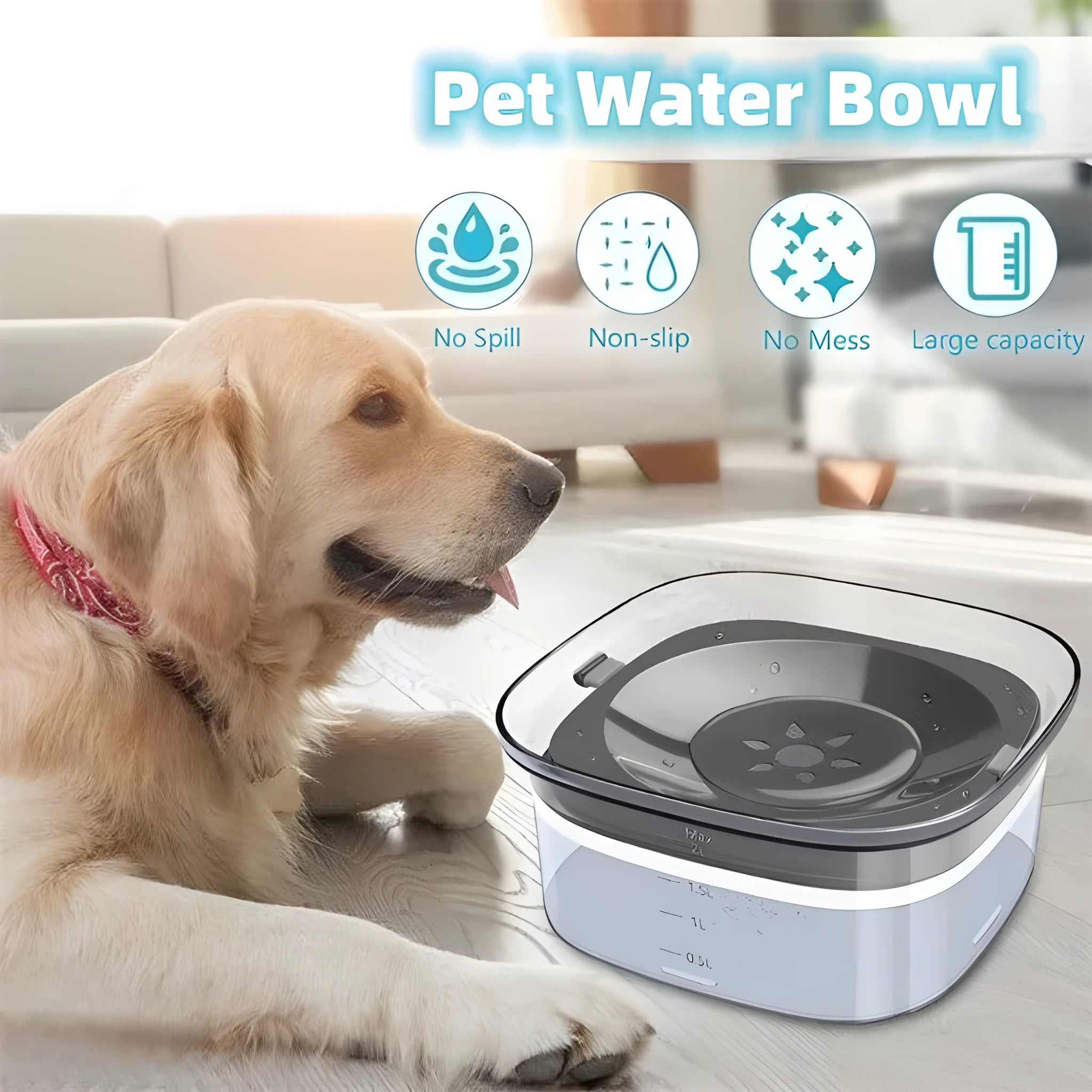 Clear plastic dog water bowl showing water level, with a white floating disc inside on a non-slip base.