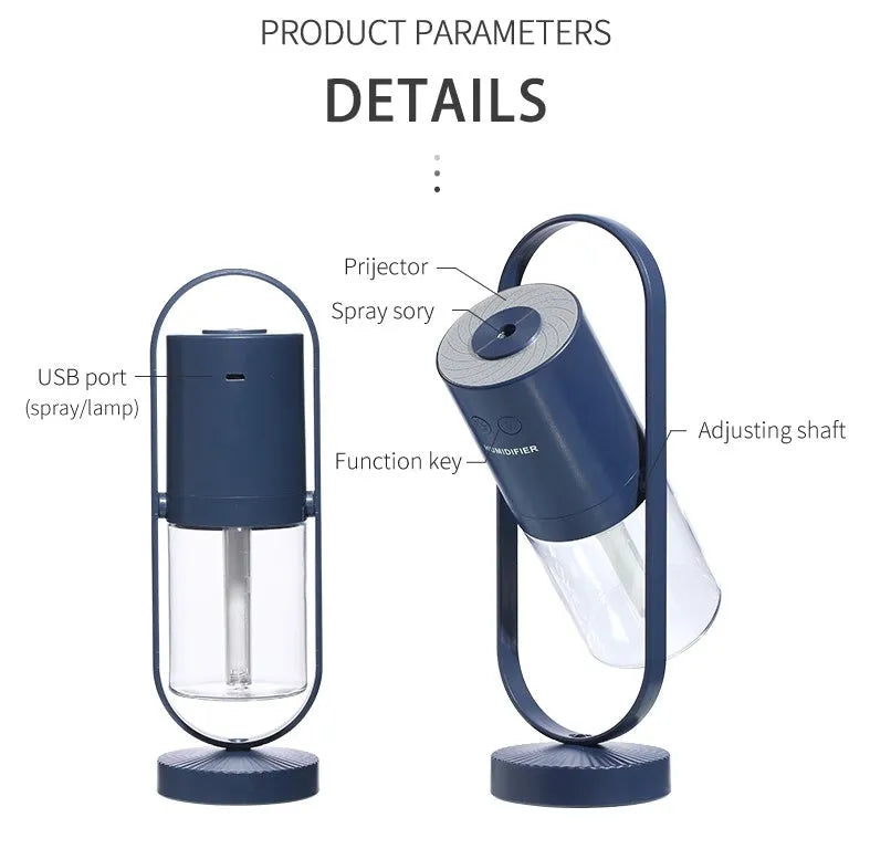 Pink USB portable air humidifier with projection night light on a wooden desk