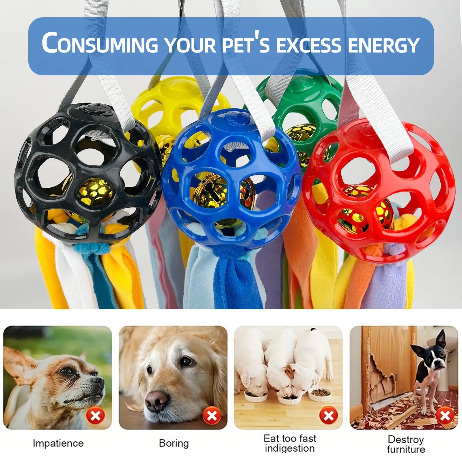 TPR interactive pet ball with bell sound in five colours for dogs and cats