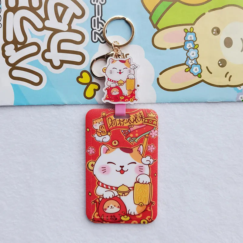 Lucky Cat cartoon design plastic certificate sleeve with a metal ferrule pendant attached.