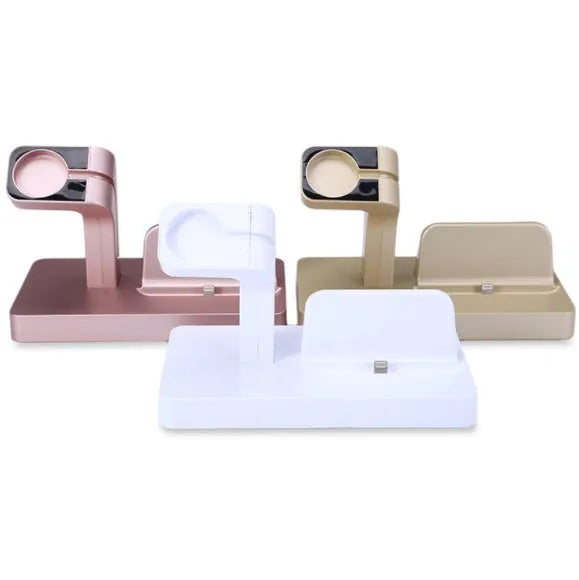 White 2-in-1 charging dock station for iPhone and Apple Watch on a desk