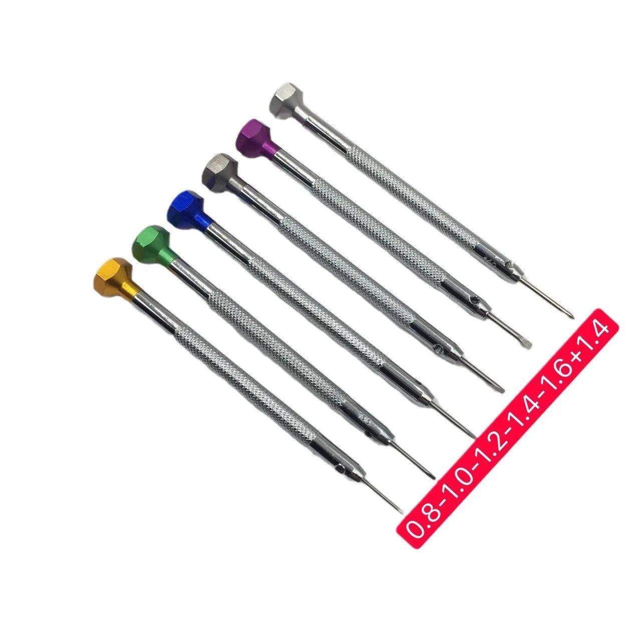 6-piece watch repair screwdriver set with colour-coded aluminium handles and spring steel cutter heads for watch maintenance