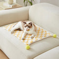 Green plaid pattern soft fleece pet blanket with fur ball decoration for cats and dogs