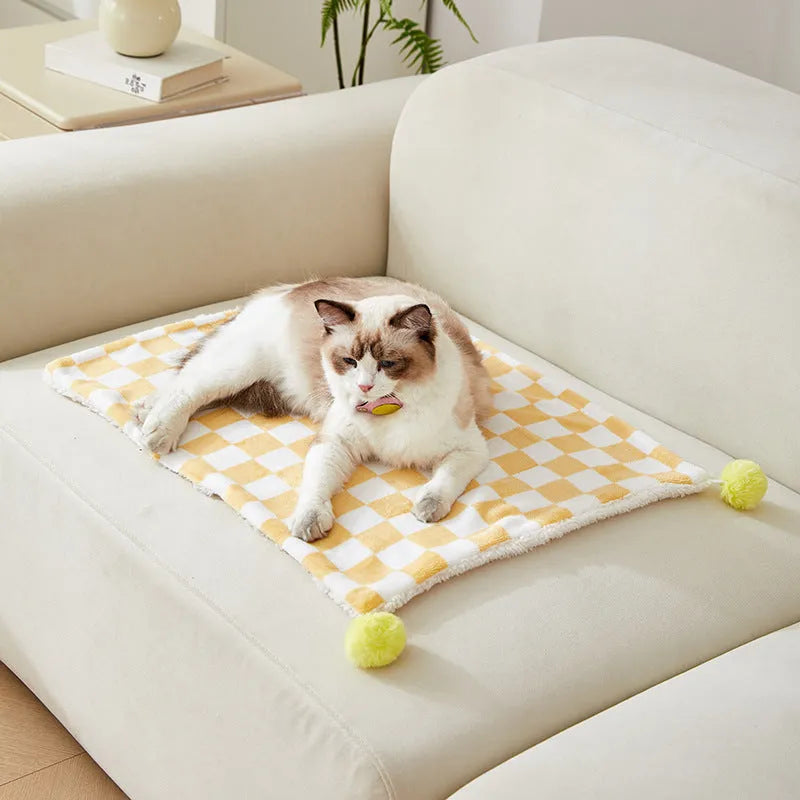 Green plaid pattern soft fleece pet blanket with fur ball decoration for cats and dogs