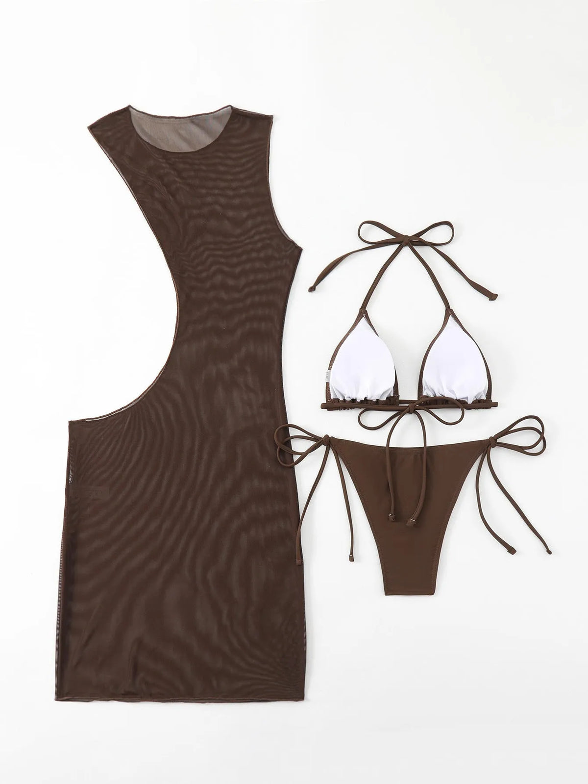 Women's three-piece brown swimsuit set with bra, shorts, and blouse, nylon lining, sizes S M L.