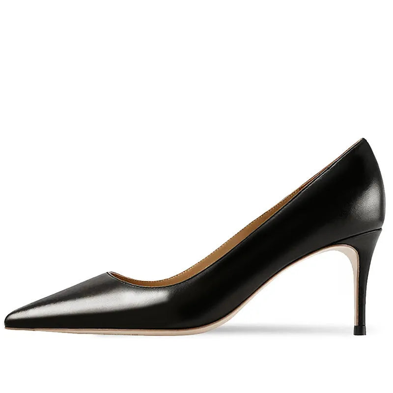 French women's black pointed-toe high-heeled shoes with a soft sole and slip-on kick closure.