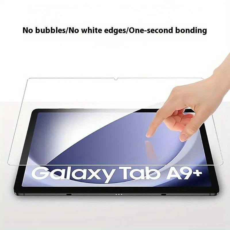 Samsung tablet tempered glass screen protector with 2.5D arc edge and anti-fingerprint coating on a Galaxy Tab