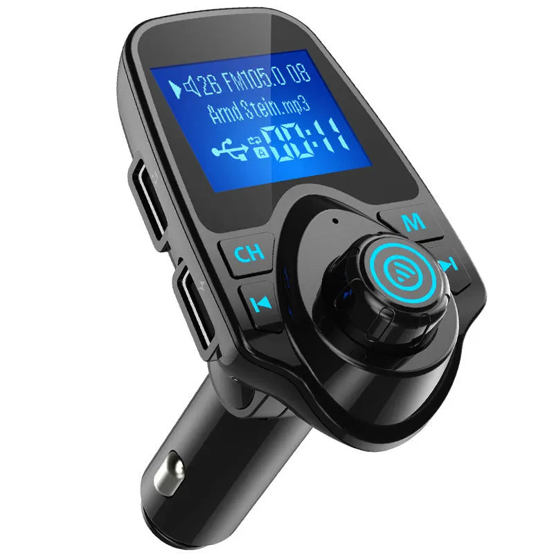 Black G7 car Bluetooth FM transmitter plugged into 12V socket with USB port and TF card slot visible