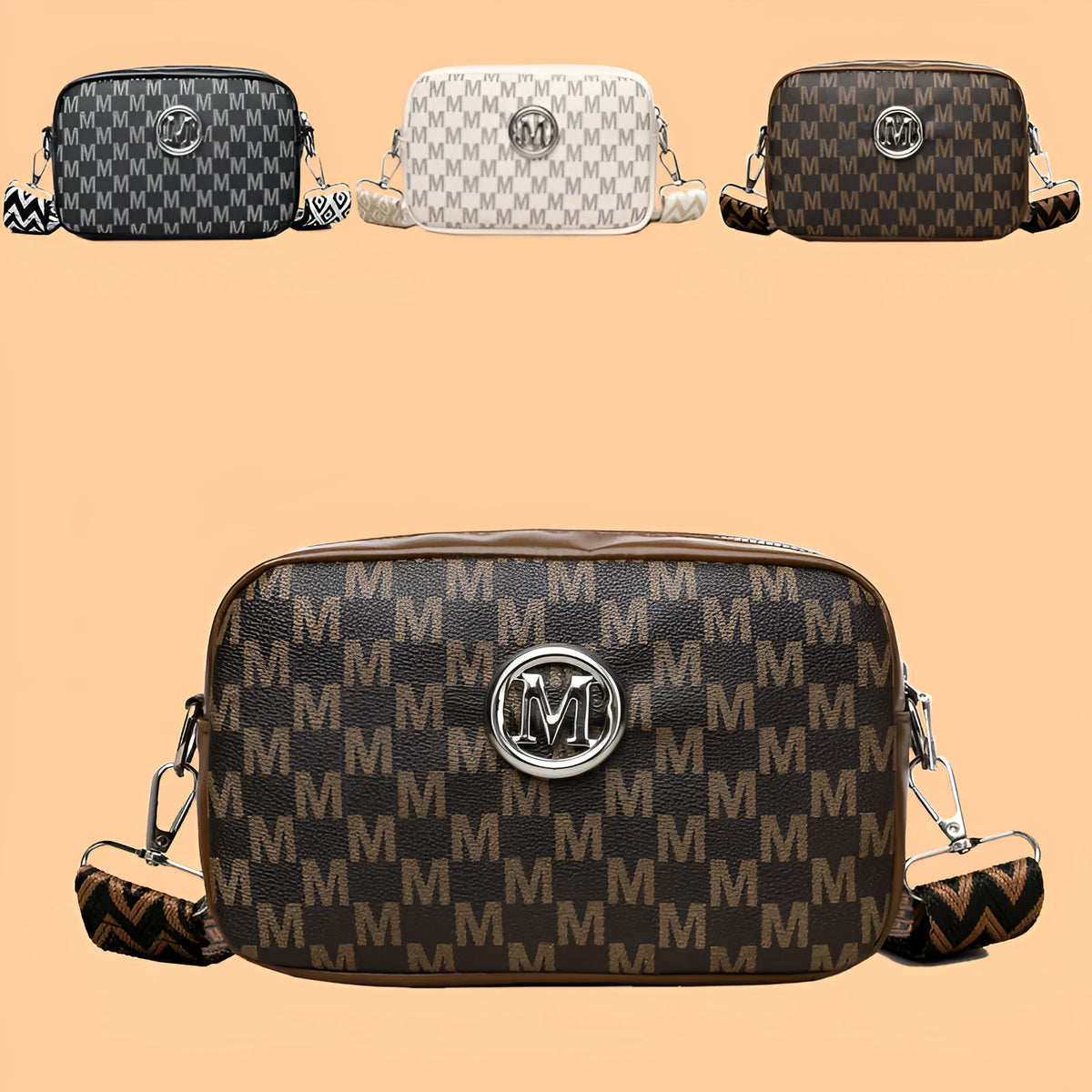 PU leather wide-strap crossbody bag in black, brown or white with three-dimensional pocket design