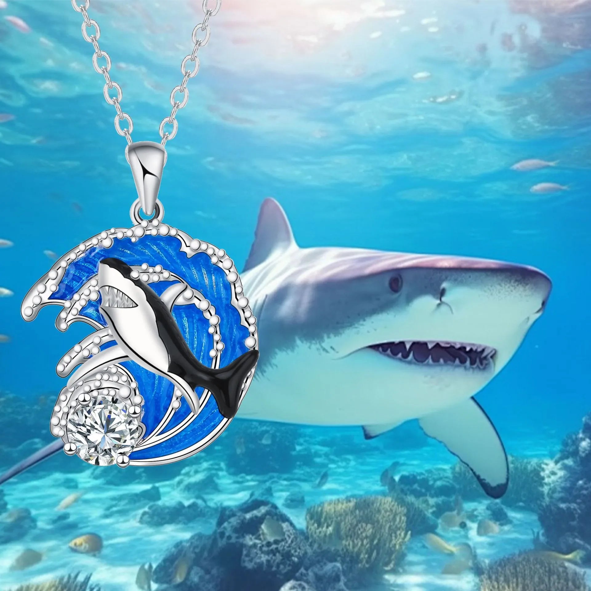 Women's shark pendant necklace with adjustable chain on copper with electroplated finish