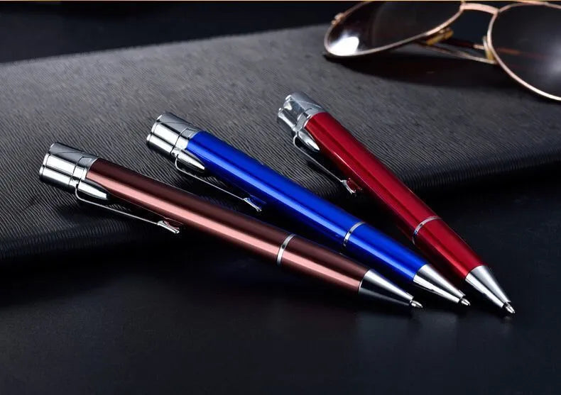 Windproof metal pen lighter with keychain in six colours, showing slim 14mm design for outdoor use