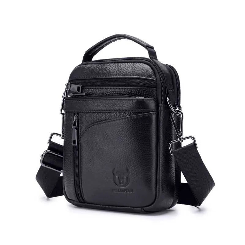 Men's black genuine leather retro shoulder messenger bag shown from the front.