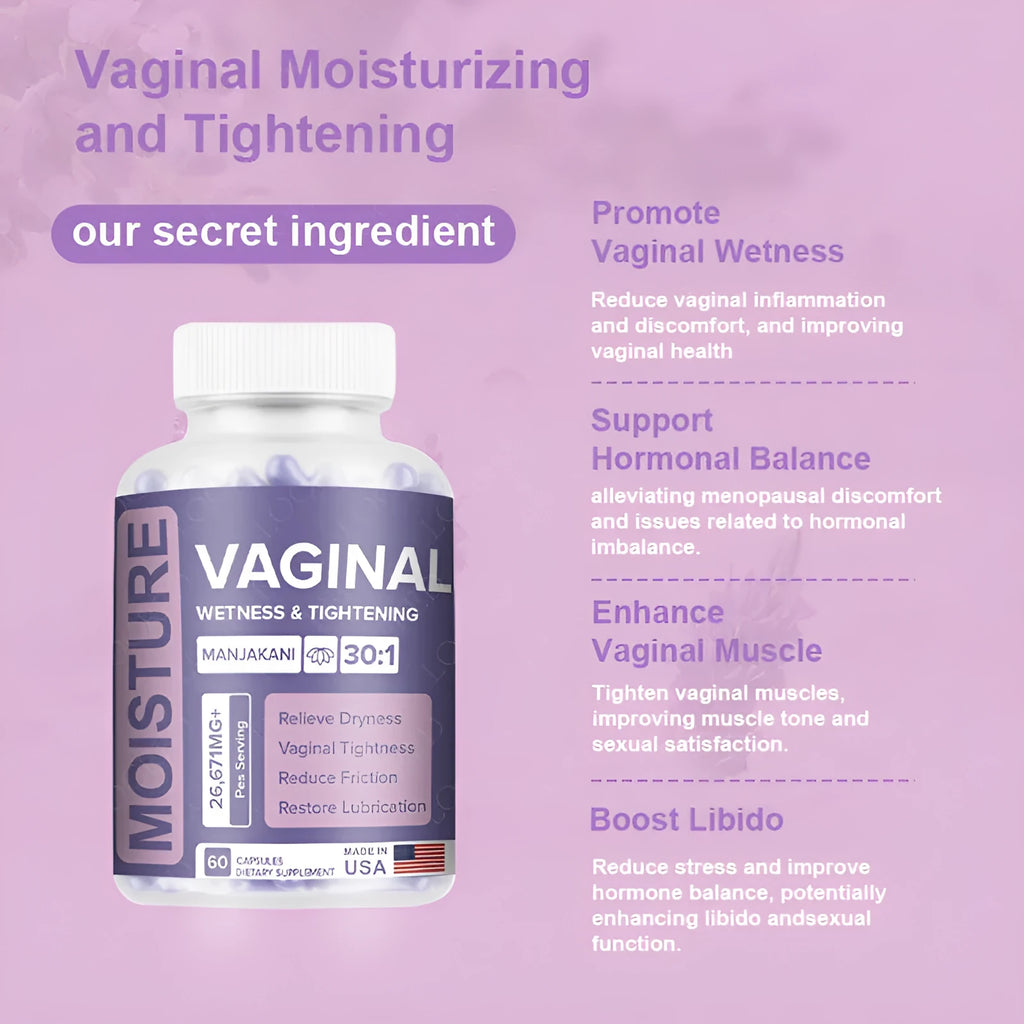 Sealed bottle of 60 vaginal capsules for women's intimate health, herbal extract supplement.