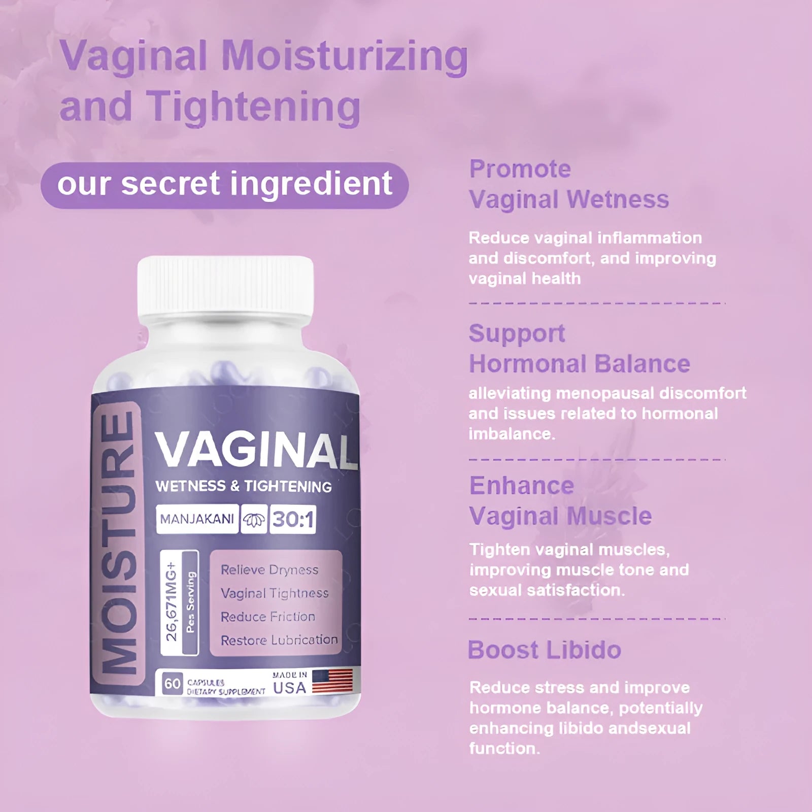 Sealed bottle of 60 vaginal capsules for women's intimate health, herbal extract supplement.
