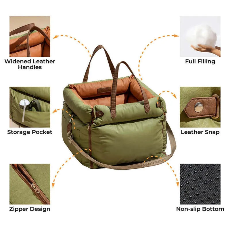 Pet car nest with removable cover in green colour, showing waterproof PU leather base and 55x50x45cm dimensions for dogs