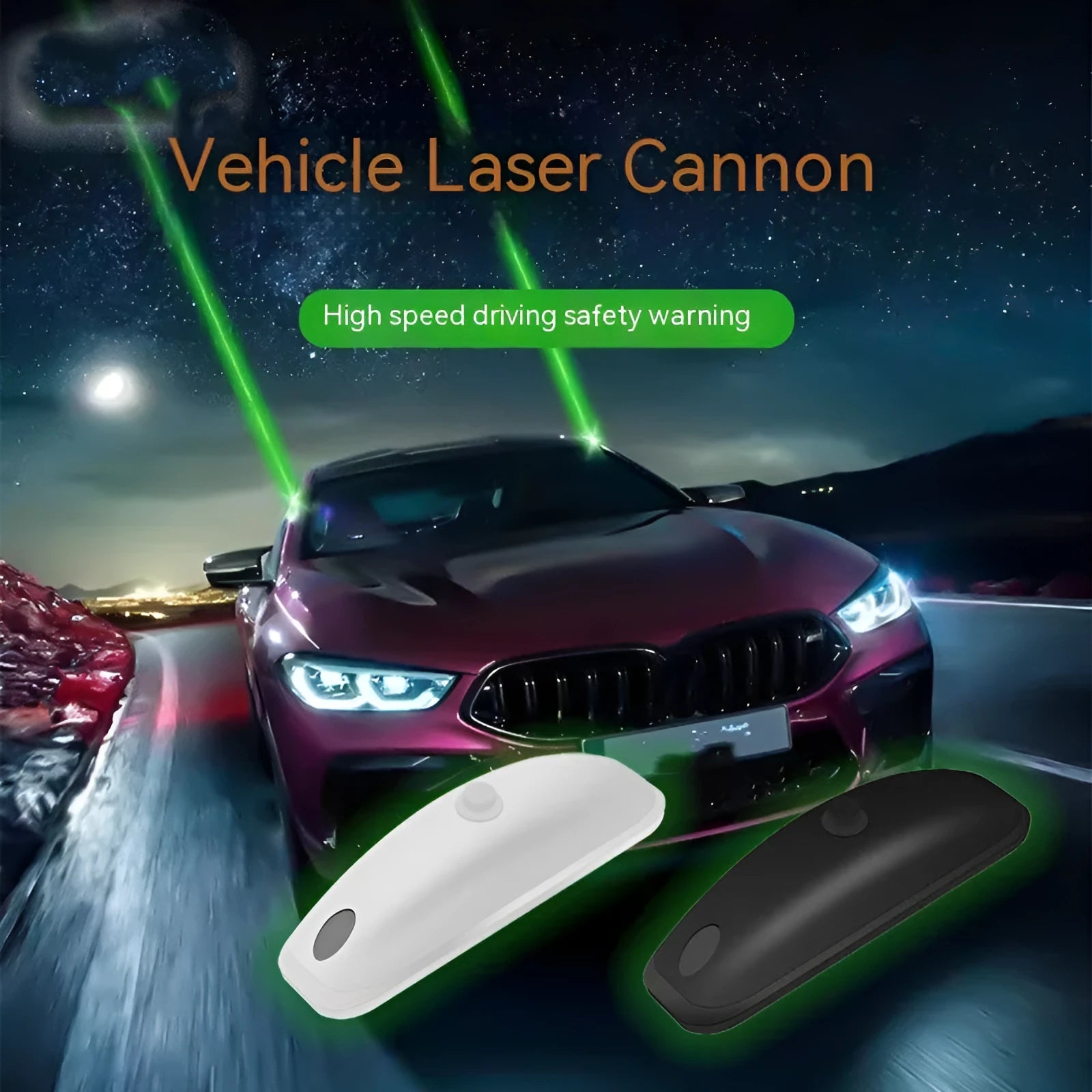 Vehicle-mounted remote control laser safety lamp in black or white colour with USB charging cable and wireless remote