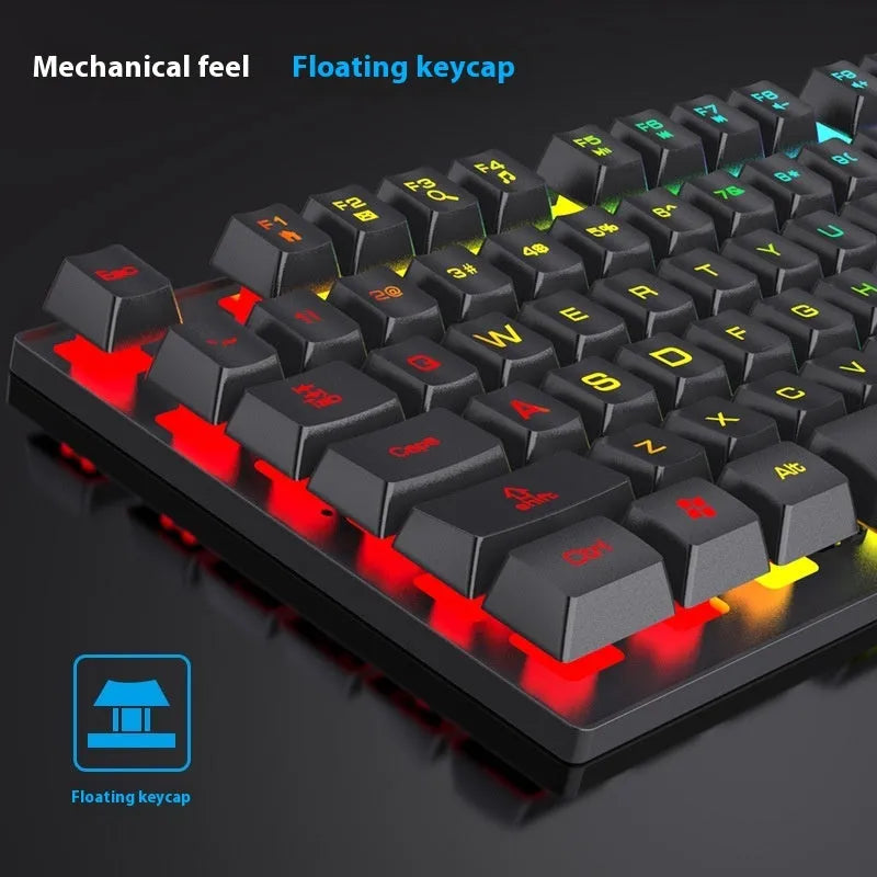 Black backlit 104-key gaming keyboard with mouse, showing ABS construction and 1.5m cable