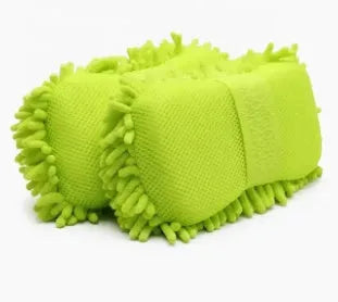 Silver green car wash sponge measuring 14x25cm with microfiber chenille texture for vehicle cleaning