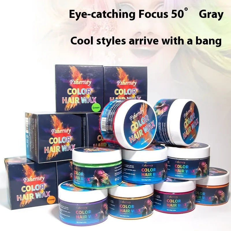 120g hair styling clay pot with nine colour options: white, orange, red, yellow, blue, green, purple, rose red, granny grey