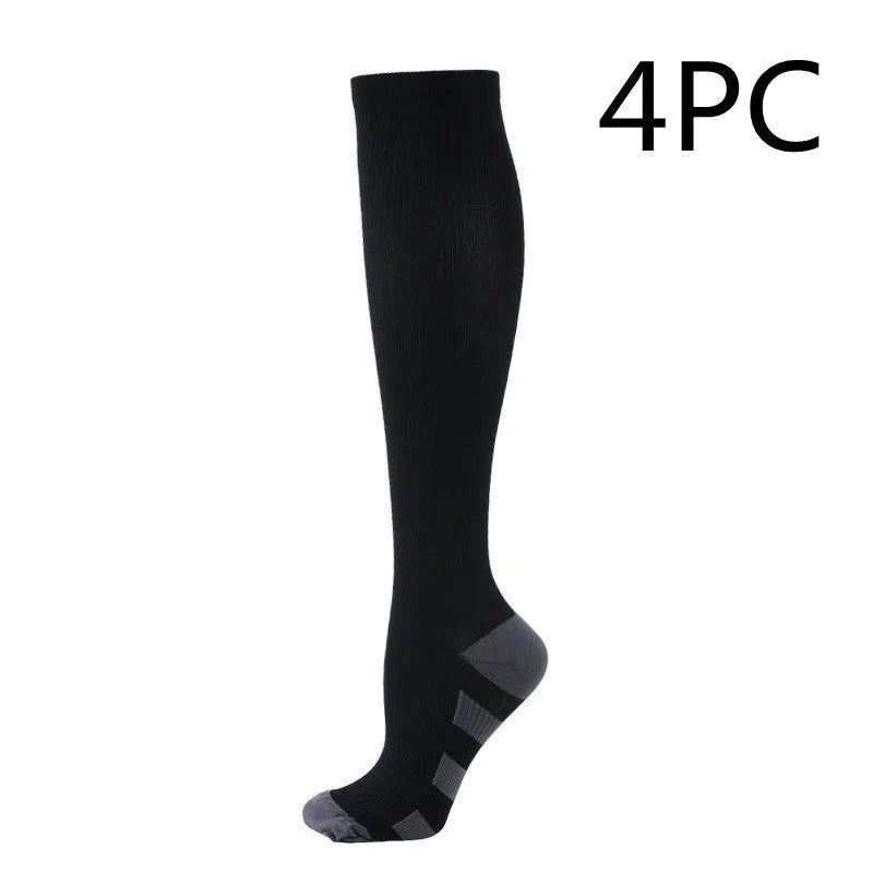 Athletic compression socks in black, pink or white three bars, nylon silk, mid-tube, S/M and L/XL