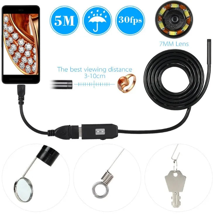 OWSOO USB endoscope camera with 5m cable, 6 LED lights, 7mm lens, and attachments including hook and magnet
