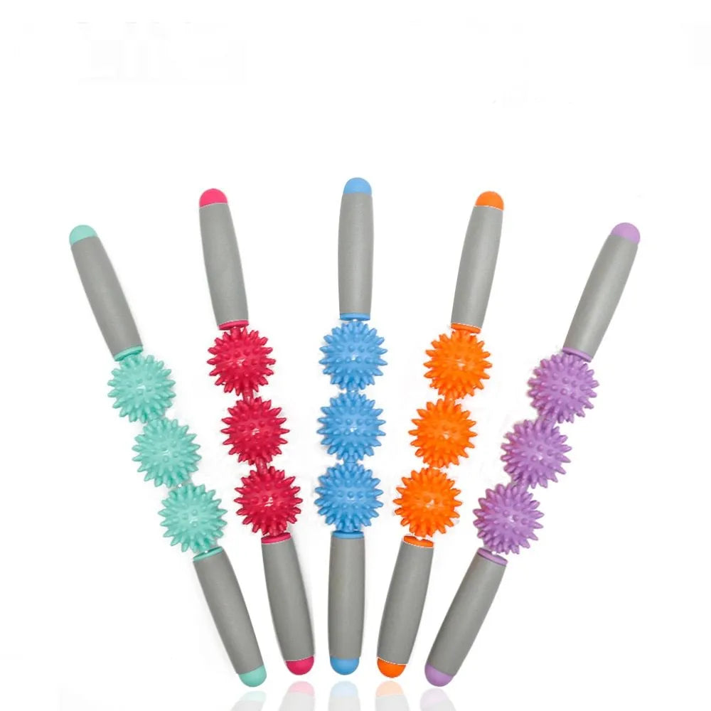 Anti cellulite massage stick with hedgehog balls and padded handles, 41cm or 51cm, in green blue red orange purple.