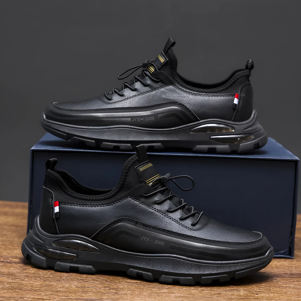 Men's black fleece lined waterproof sneakers with synthetic leather upper and rubber sole