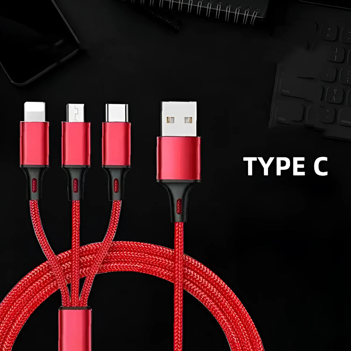 Red 3-in-1 charging cable with USB-C, Lightning, and Micro-USB tips on a 1.2m nylon braid.