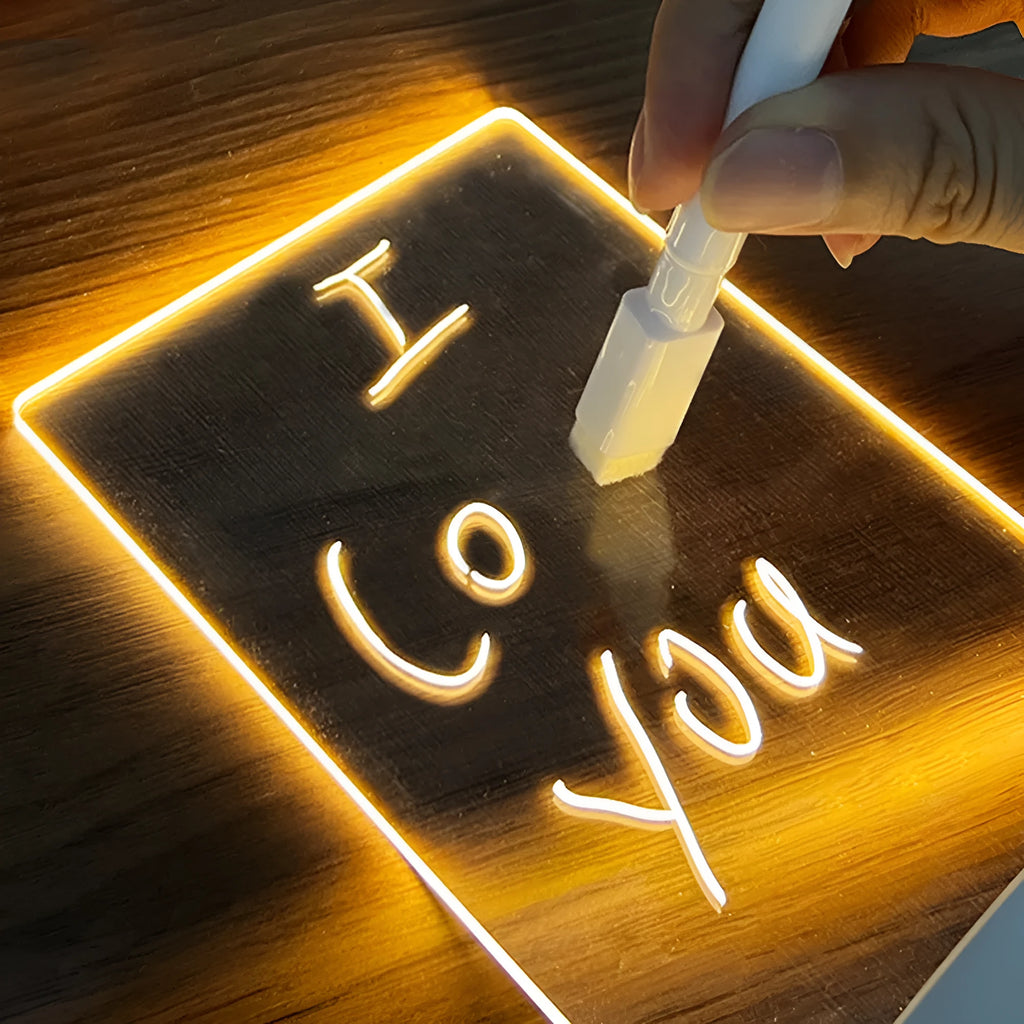 USB-powered LED message board lamp with transparent acrylic panel and writing pen