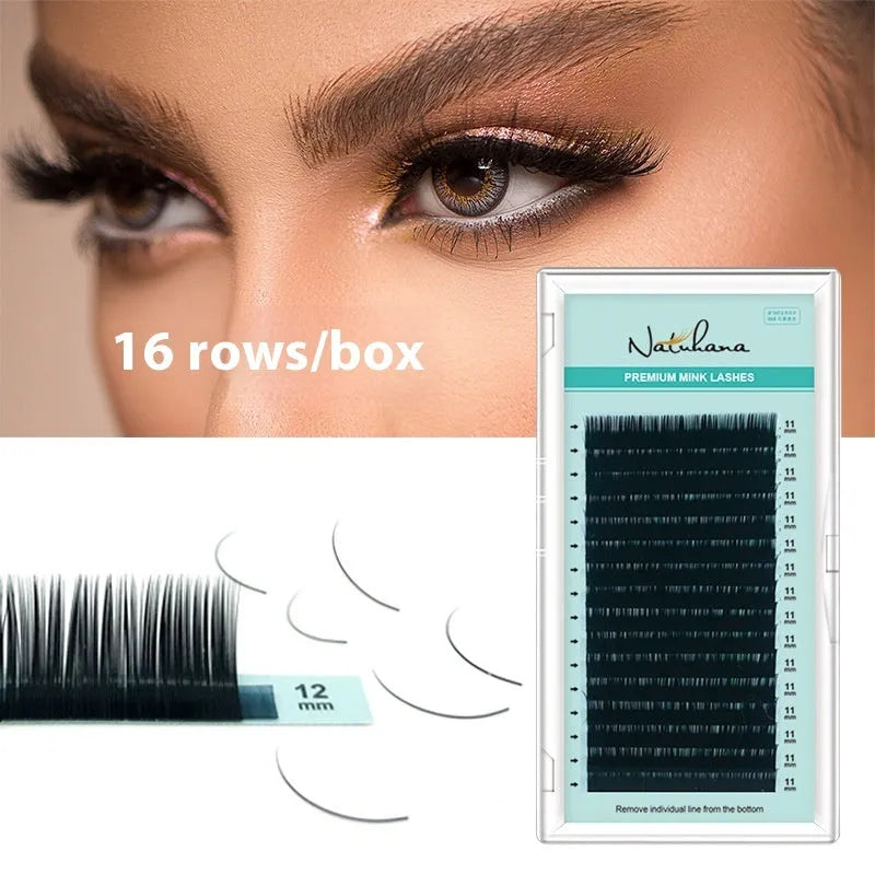 Soft velvet false eyelashes showing artificial fibre lashes in various lengths from 7mm to 15mm.