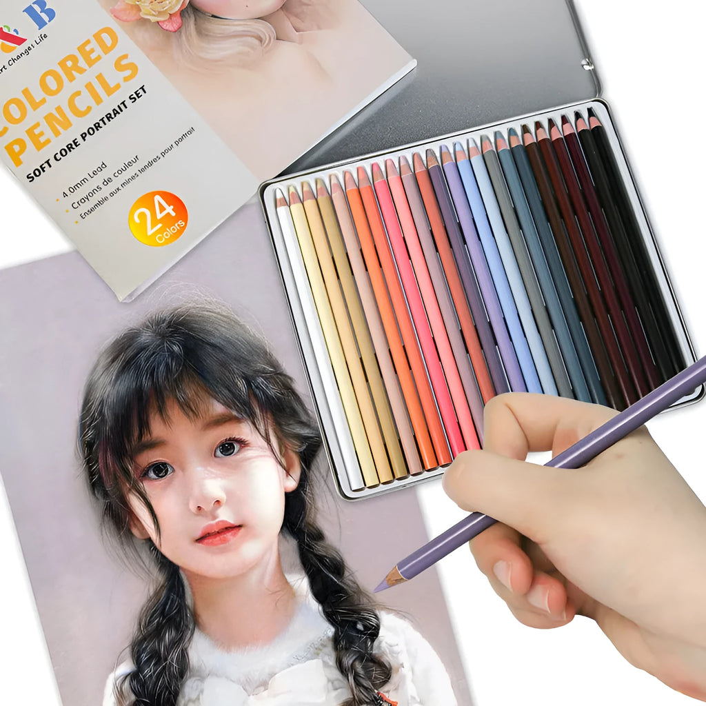 Set of 24 skin tone colour pencils in a round brush pot inside a silver iron box.
