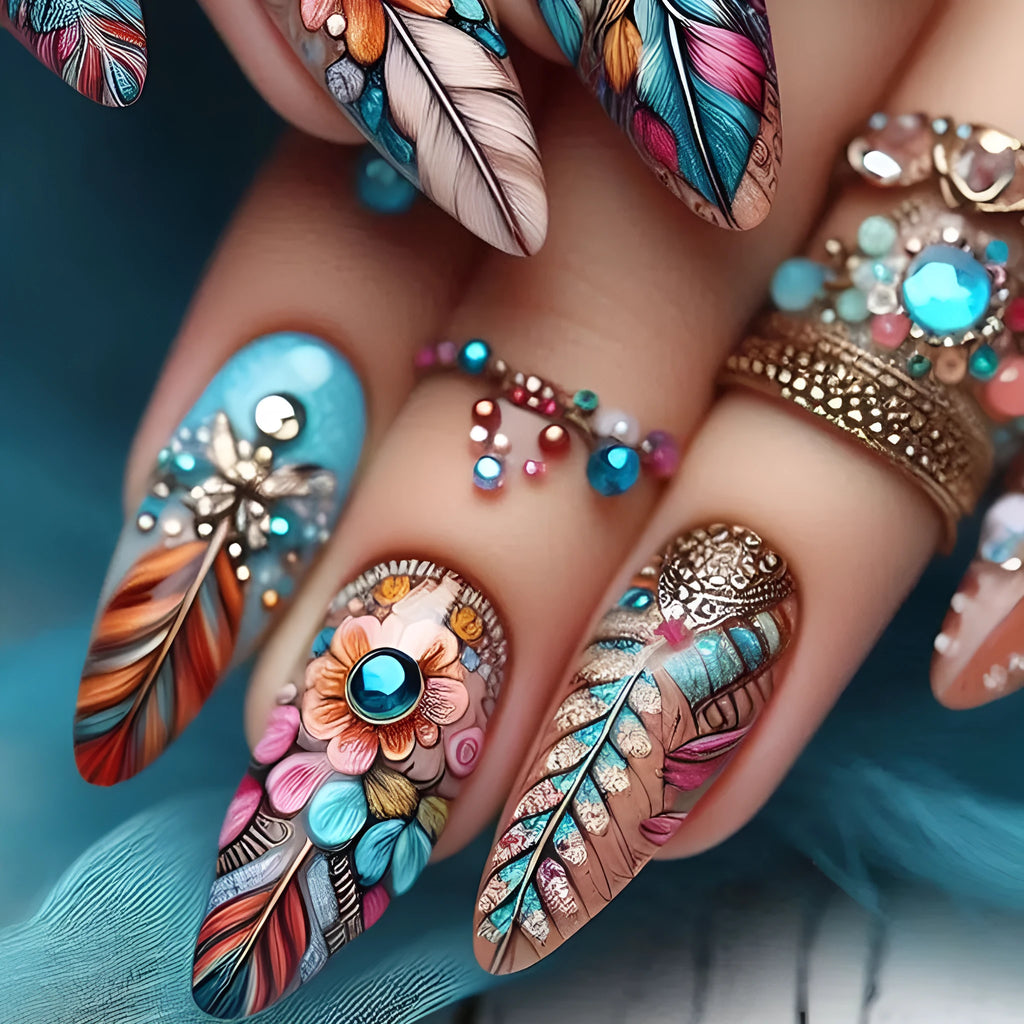 Retro colour feather armour nail art stickers with cartoon floral butterfly designs