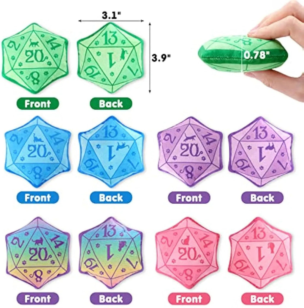 Dice-shaped plush cat toy in various colours with D&D design for feline play