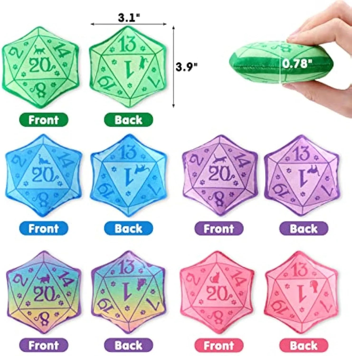 Dice-shaped plush cat toy in various colours with D&D design for feline play