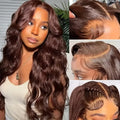 Women's front lace wig with long curly hair and side bangs in LY082 dark brown colour, showing lace front detail