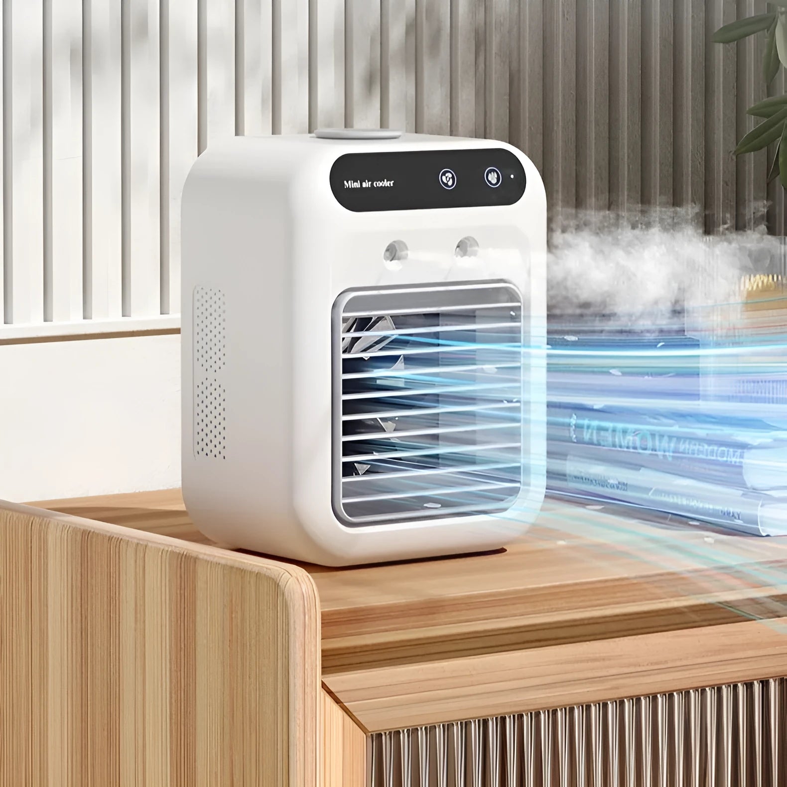 Ivory white portable USB air cooler with water tank and touchscreen controls on desk