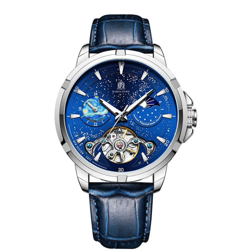 Men's blue dial automatic mechanical watch with 14mm stainless steel case showing time at 10:10