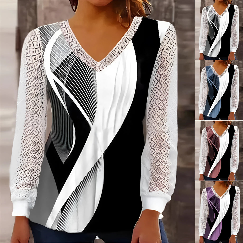 Purple V-neck loose pullover top with hollow-out lace print detailing and long sleeves