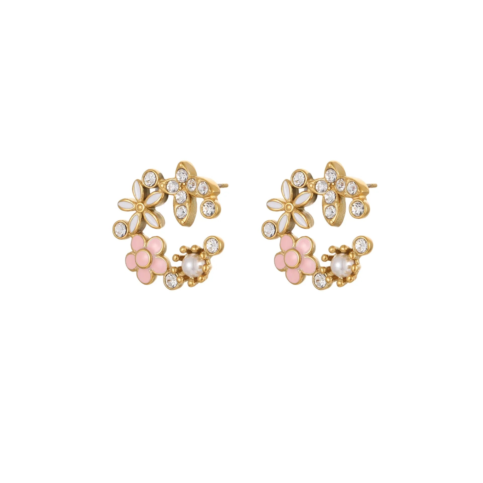 Colourful oil diamond flower petal stud earrings in 18K stainless steel with electroplated finish