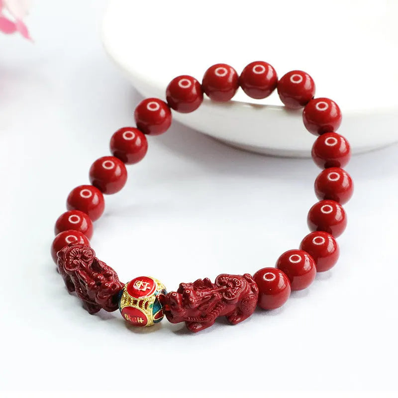 Cinnabar Double Pixiu Women's Bracelet with carved design and purple gold sand double leather show detailing