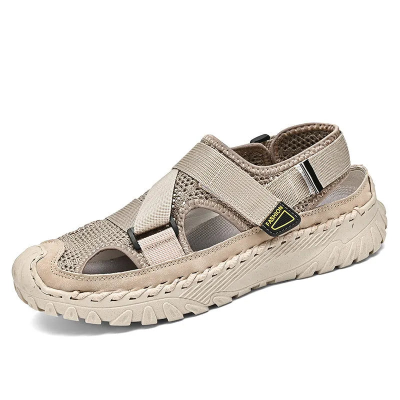 Men's casual sandals with hollow mesh surface and genuine leather upper in grey colour